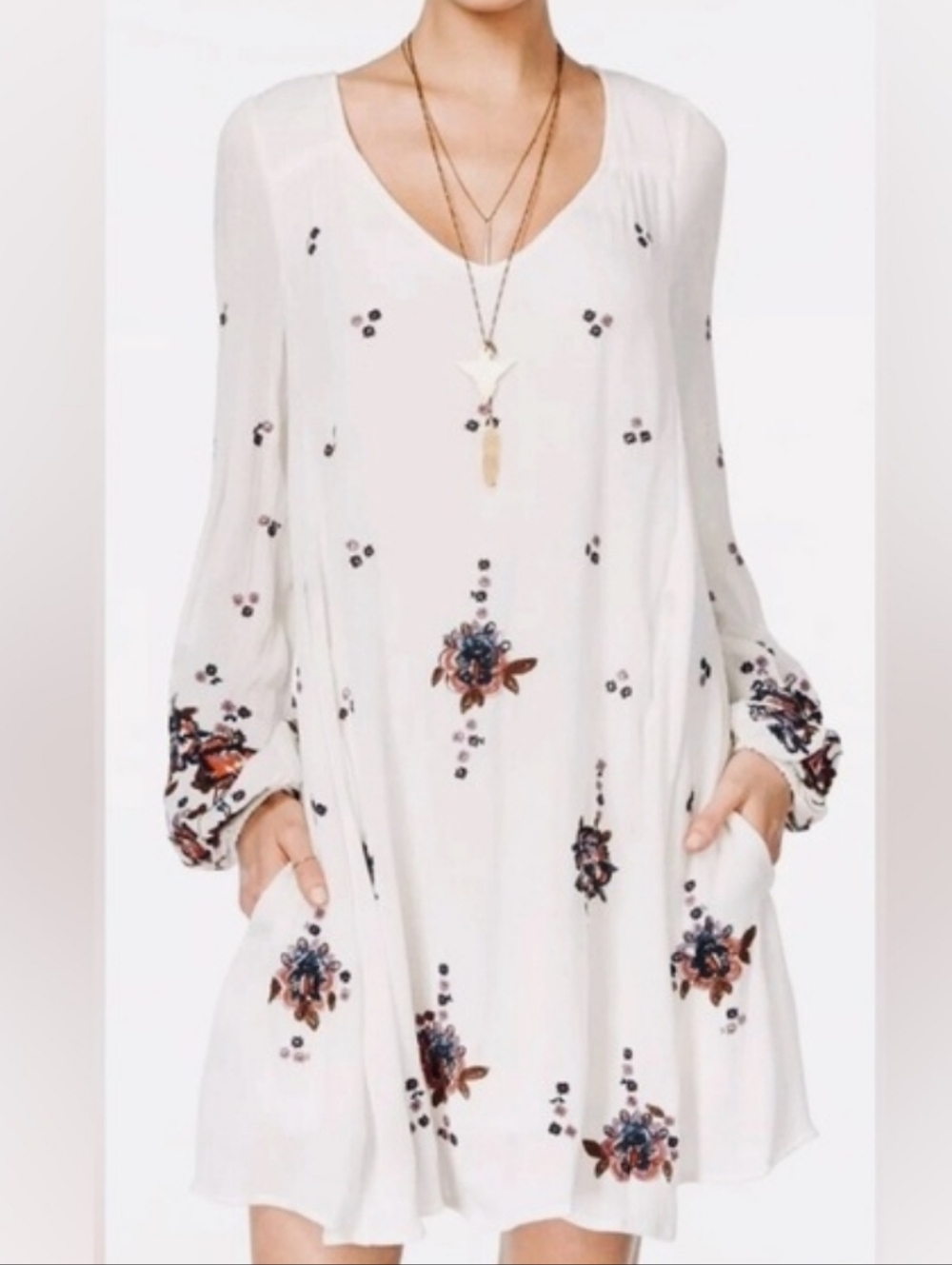 Free People Ivory Floral Peasant Long-Sleeve Swing Dress